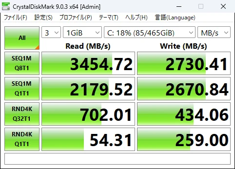 CrystalDiskMarkでSSDの読み書き速度を計測した結果画面