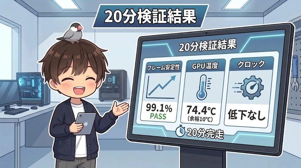 20分検証でフレーム安定性99.1%・GPU74.4℃・クロック低下なしという結果を示すイラスト