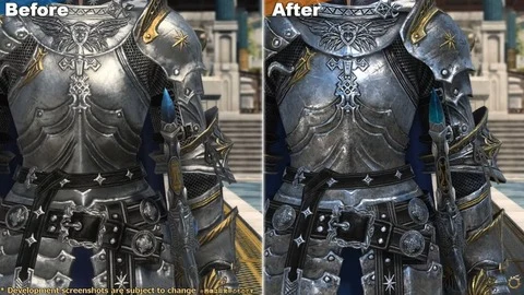 グラフィックアップデートで鎧の金属質感が向上したことを示すBefore/After比較