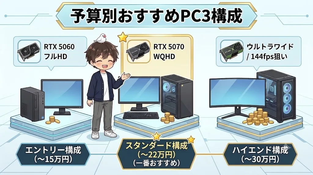 予算別に並べた白銀のワンダラー向けゲーミングPC3構成の比較
