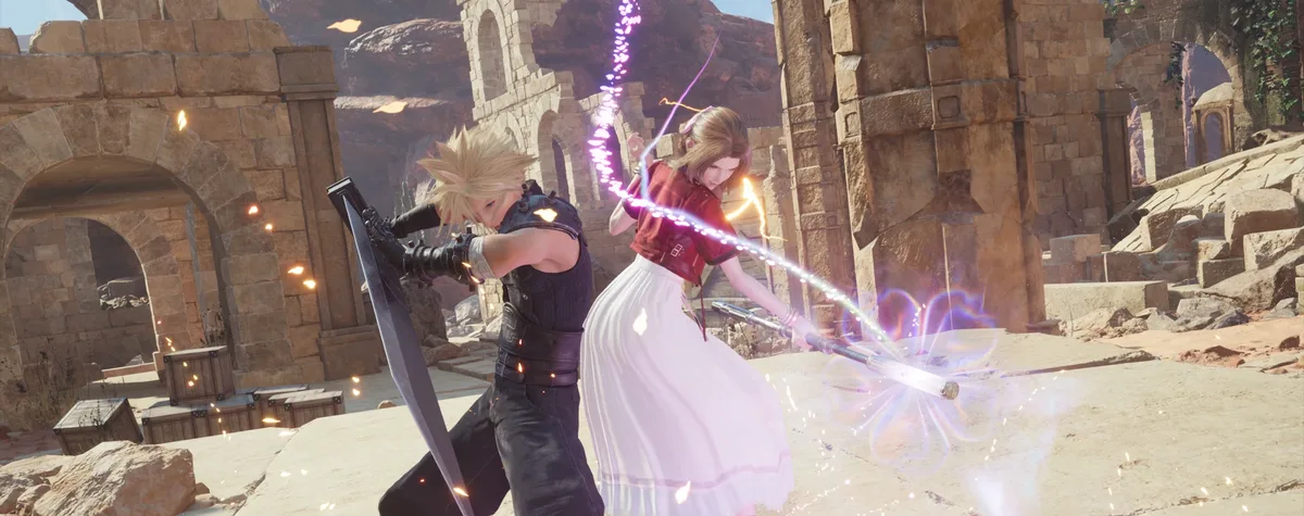 遺跡でクラウドとエアリスが連携アクションを繰り出すFF7リバースの戦闘シーン