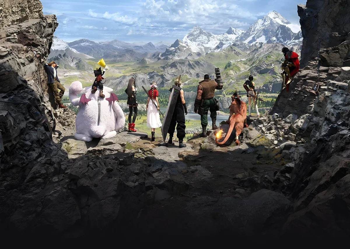 山々を見下ろすFF7リバースのパーティメンバー全員を描いたキービジュアル