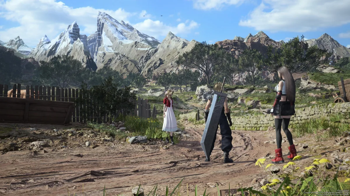 FF7リバースのグラスランドエリアで雪山を背にたたずむクラウドたち3人