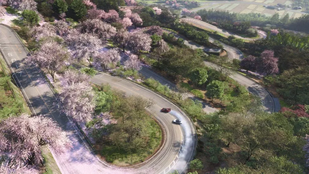 桜が咲く峠道をドリフトしながら駆け下りるForza Horizon 6の2台
