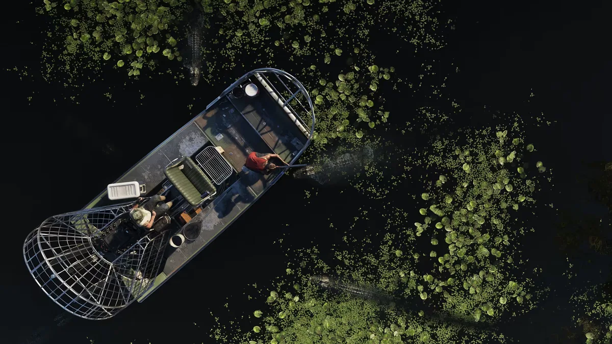GTA6の湿地帯グラスリバーズをエアボートで進む真俯瞰の場面