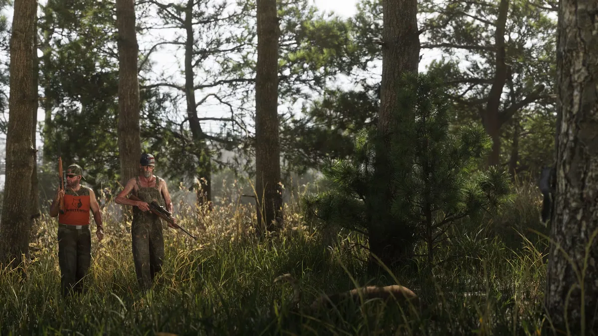 GTA6のマウント・カラガ国立公園を歩く2人と密生した森林