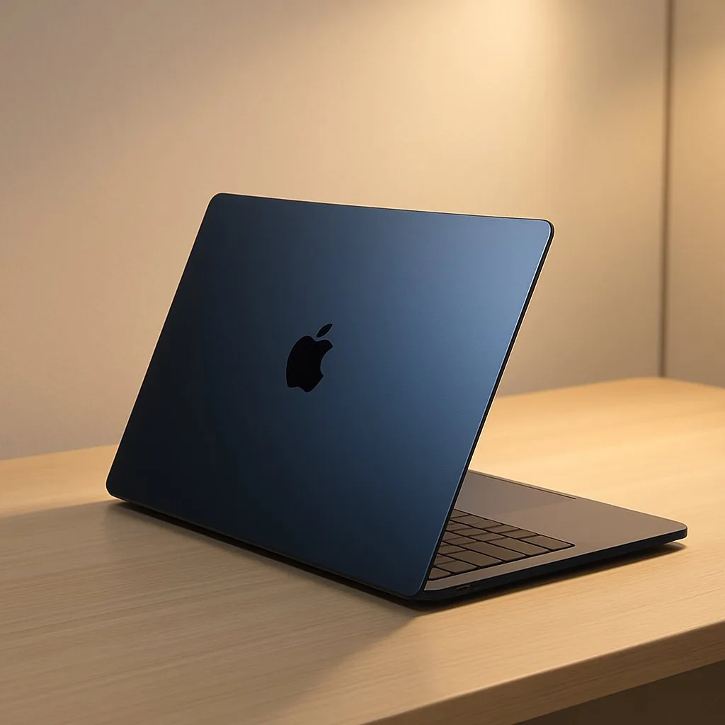 木目のデスクに置いたMacBook Airの本体