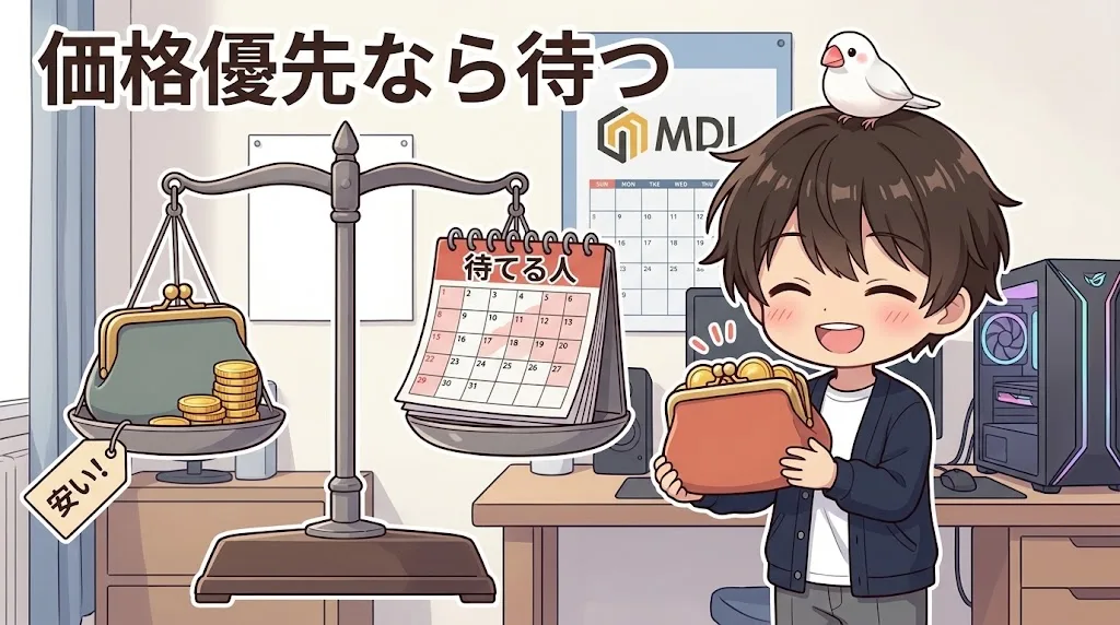 MDLのゲーミングPCは価格優先で待てる人向けという結論を示すイラスト
