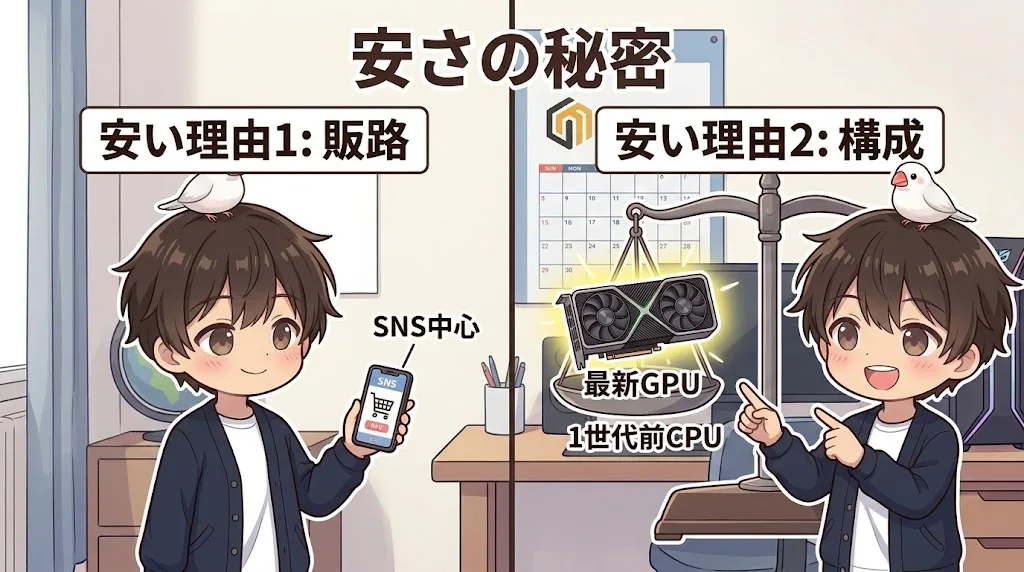 MDLが安い理由をSNS中心の販路と最新GPU×1世代前CPUの2点で解説する図