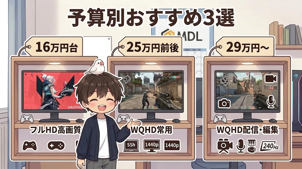 MDLのゲーミングPCを予算別に3構成へ絞り込んだ比較イメージ
