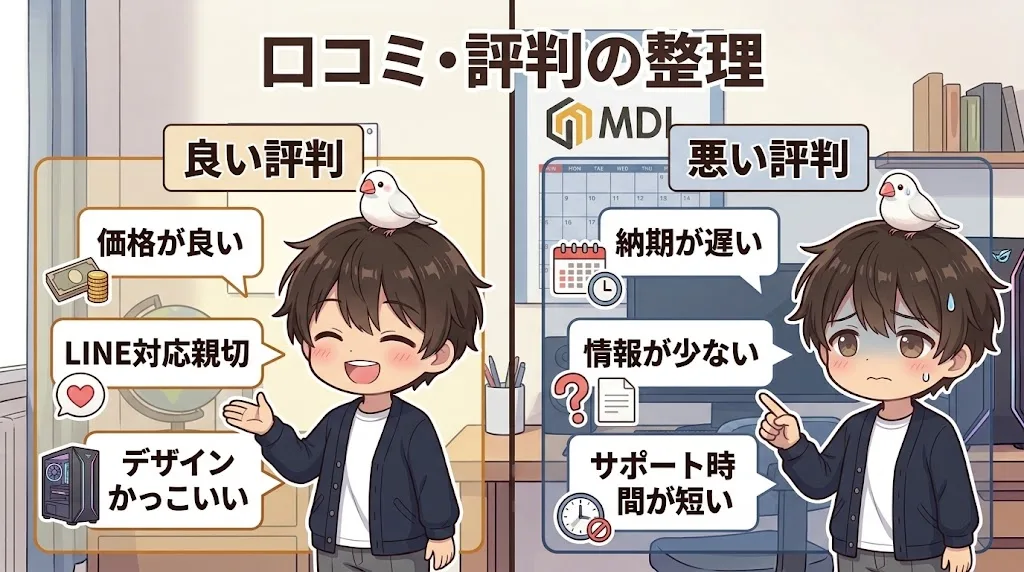 MDLの口コミを良い評判と悪い評判に分けて整理したイラスト