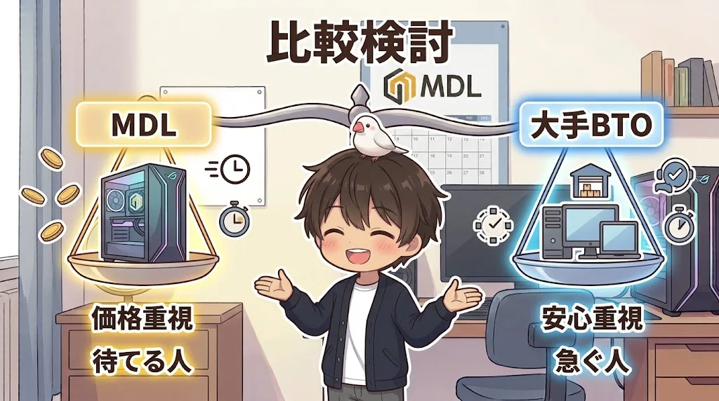 MDLと大手BTOメーカーを価格重視か安心重視かで比較する天秤の図