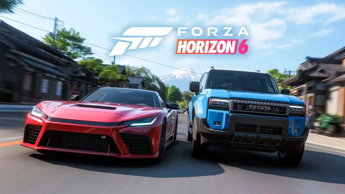 宿場町の街道を並走するForza Horizon 6の赤いスポーツカーとSUV