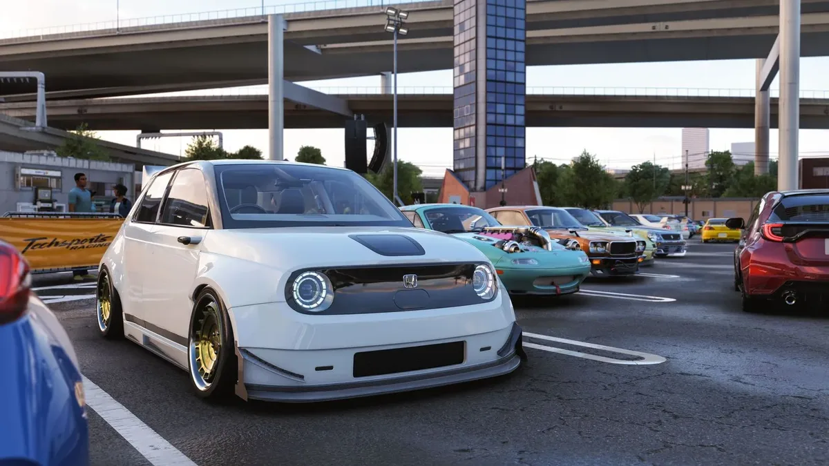高速道路のジャンクション下でカスタムカーが集まるForza Horizon 6のミートアップ