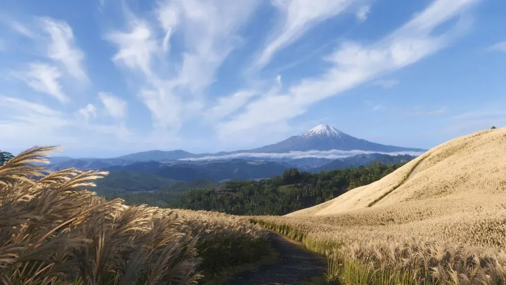 ススキの草原の向こうに富士山が見えるForza Horizon 6の風景